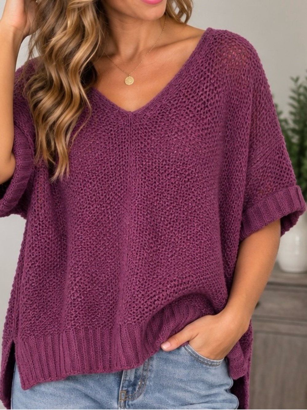 She + Sky Plum V-Neck Chunky Knit Sweater